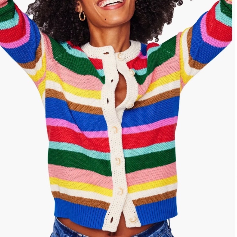 Boden Callie Stripe Cotton Cardigan Multi Color Rainbow Knit Sweater Size S